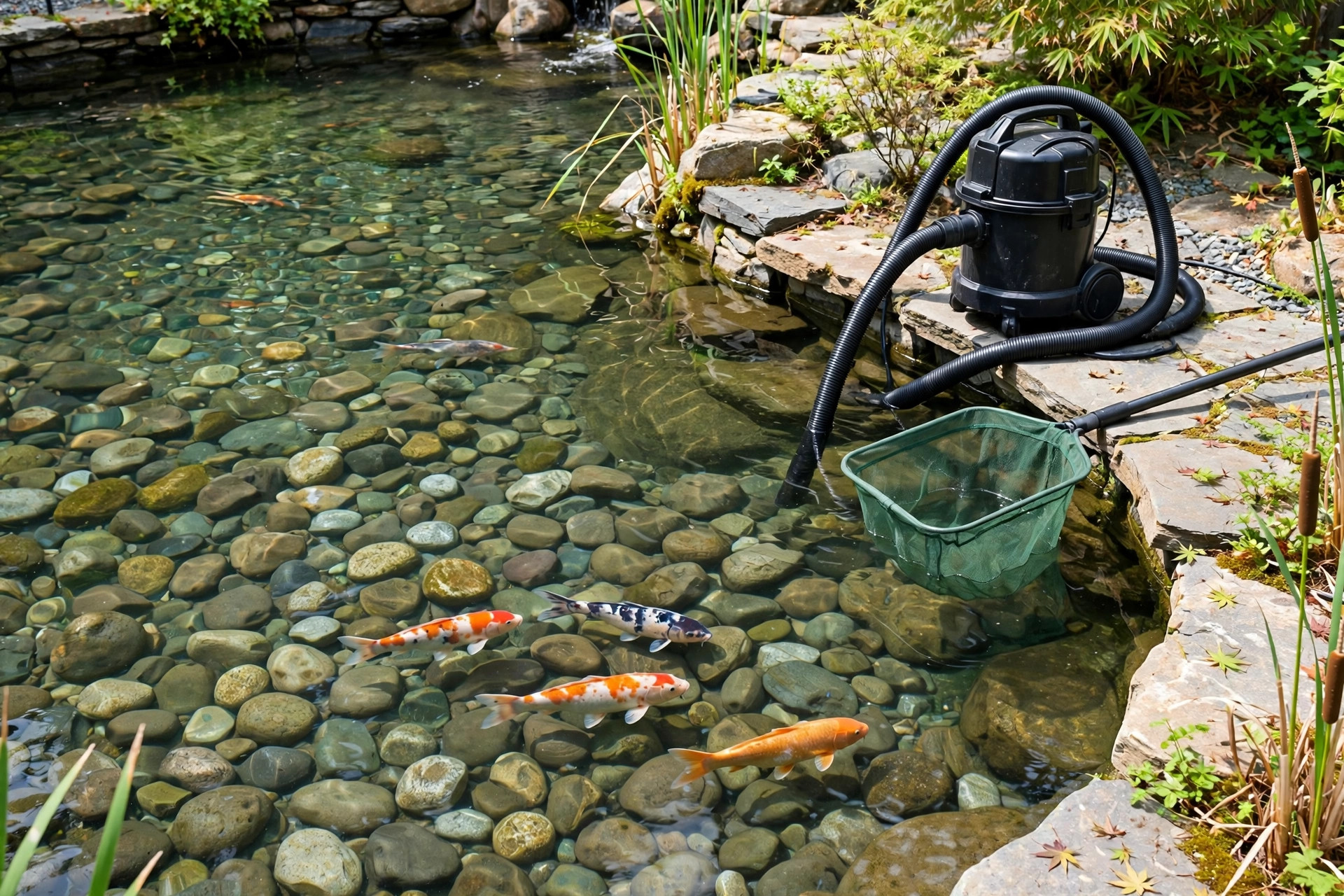 A koi pond after a professional cleanout, river rocks visible on the bottom