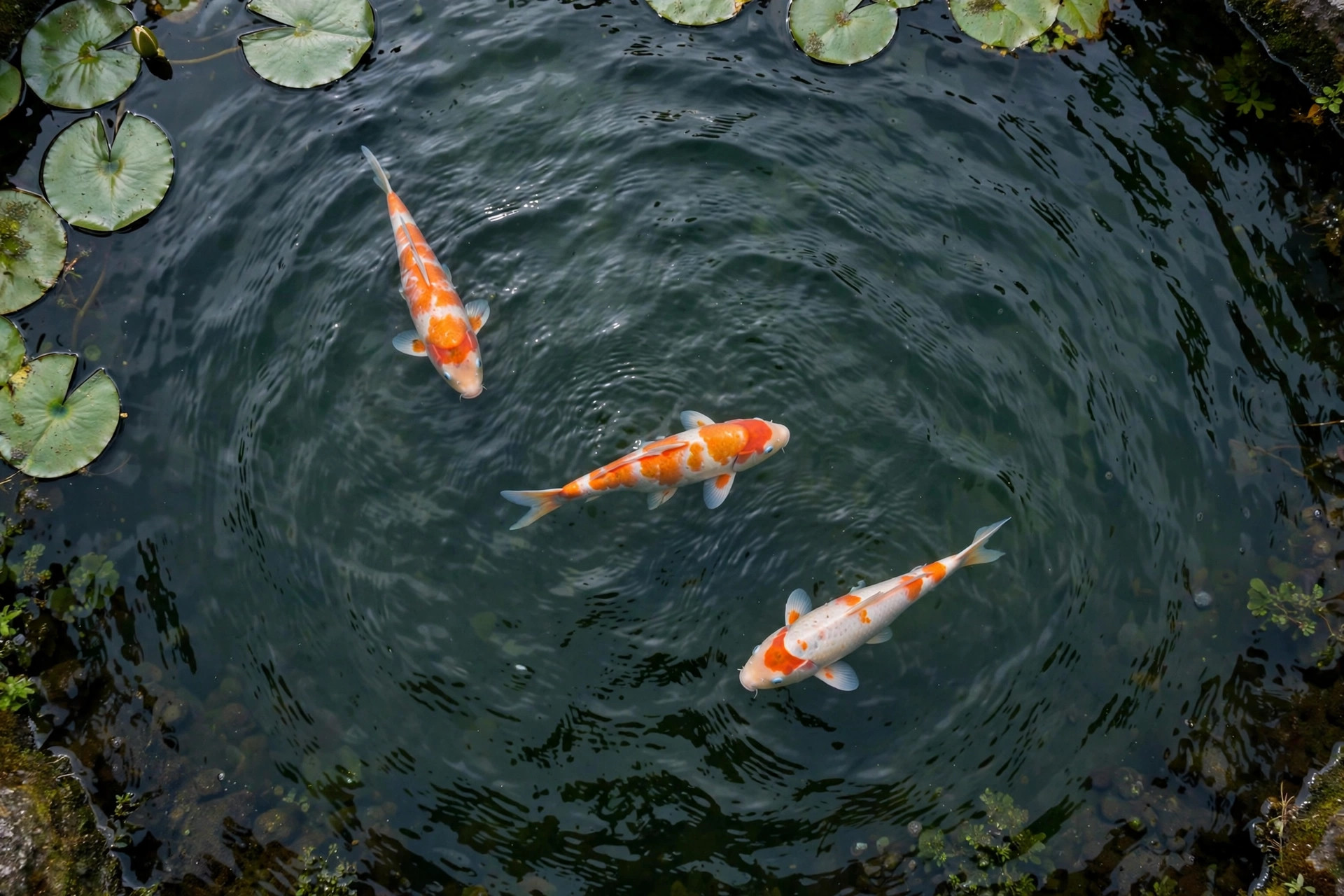 Orange and white koi gliding beneath a clear pond surface