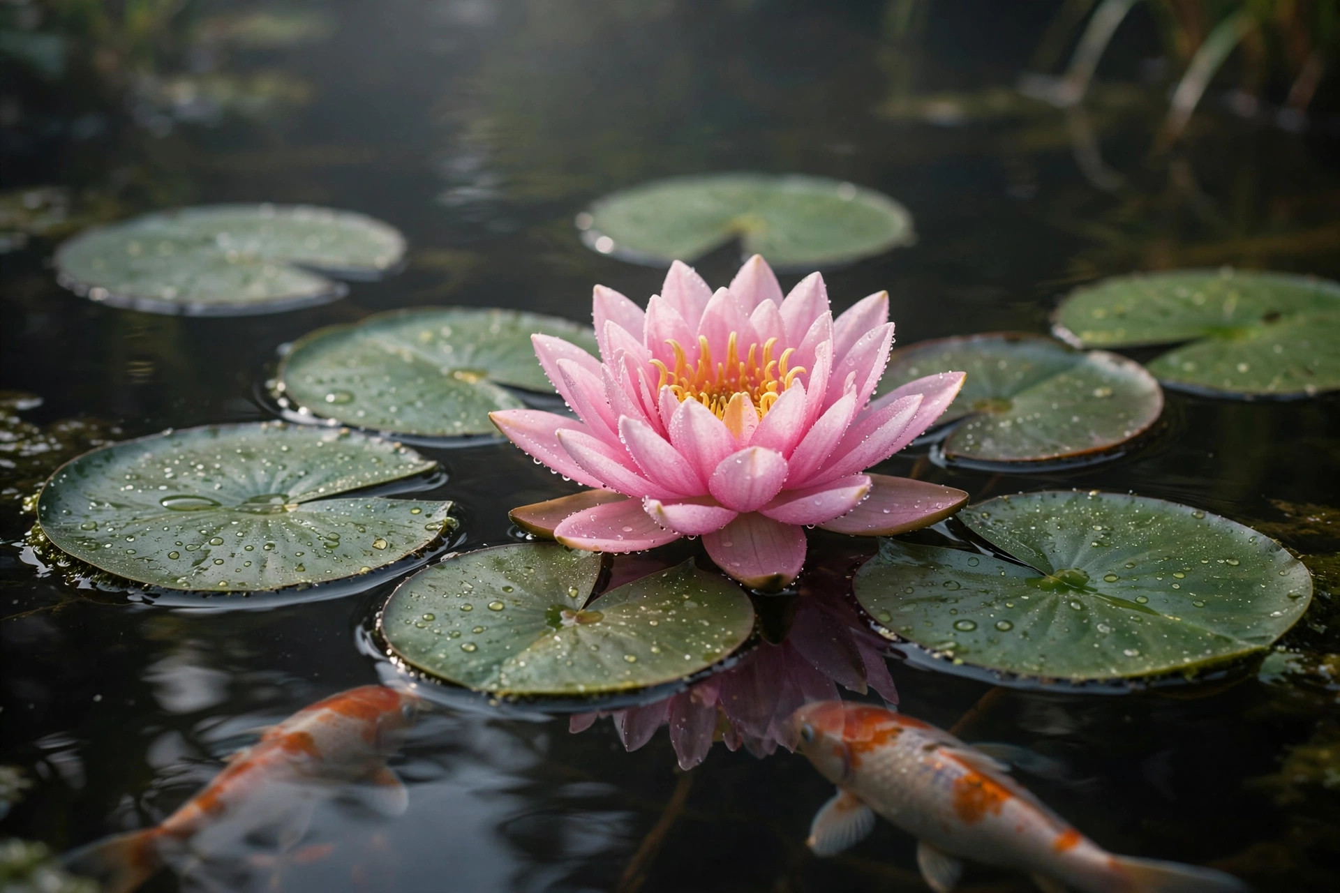 A pink water lily blooming among lily pads